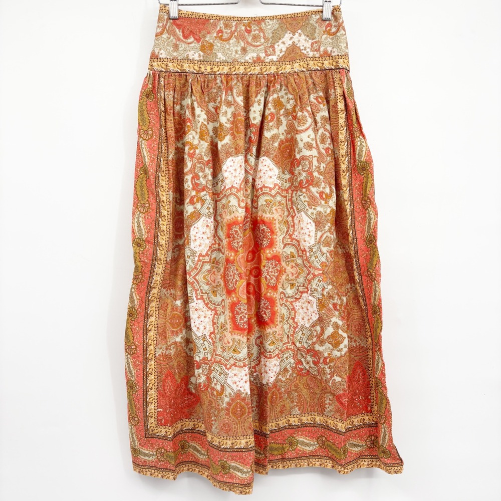 House of Harlow 1960 Womens Paisley Smocked Boho Linen Blend Maxi Skirt Size‎ S
